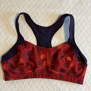 Brooks Moving Comfort sports bra, purple/orange leaf print, 36C